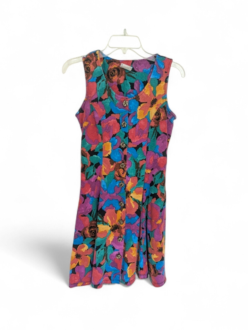 Vintage 90s Floral Mini Dress T-shirt Material With Decorative Buttons
